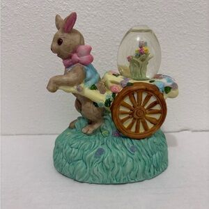 Ceramic Music Box Easter Bunny w Flower Cart & Snow Globe Glitter Egg